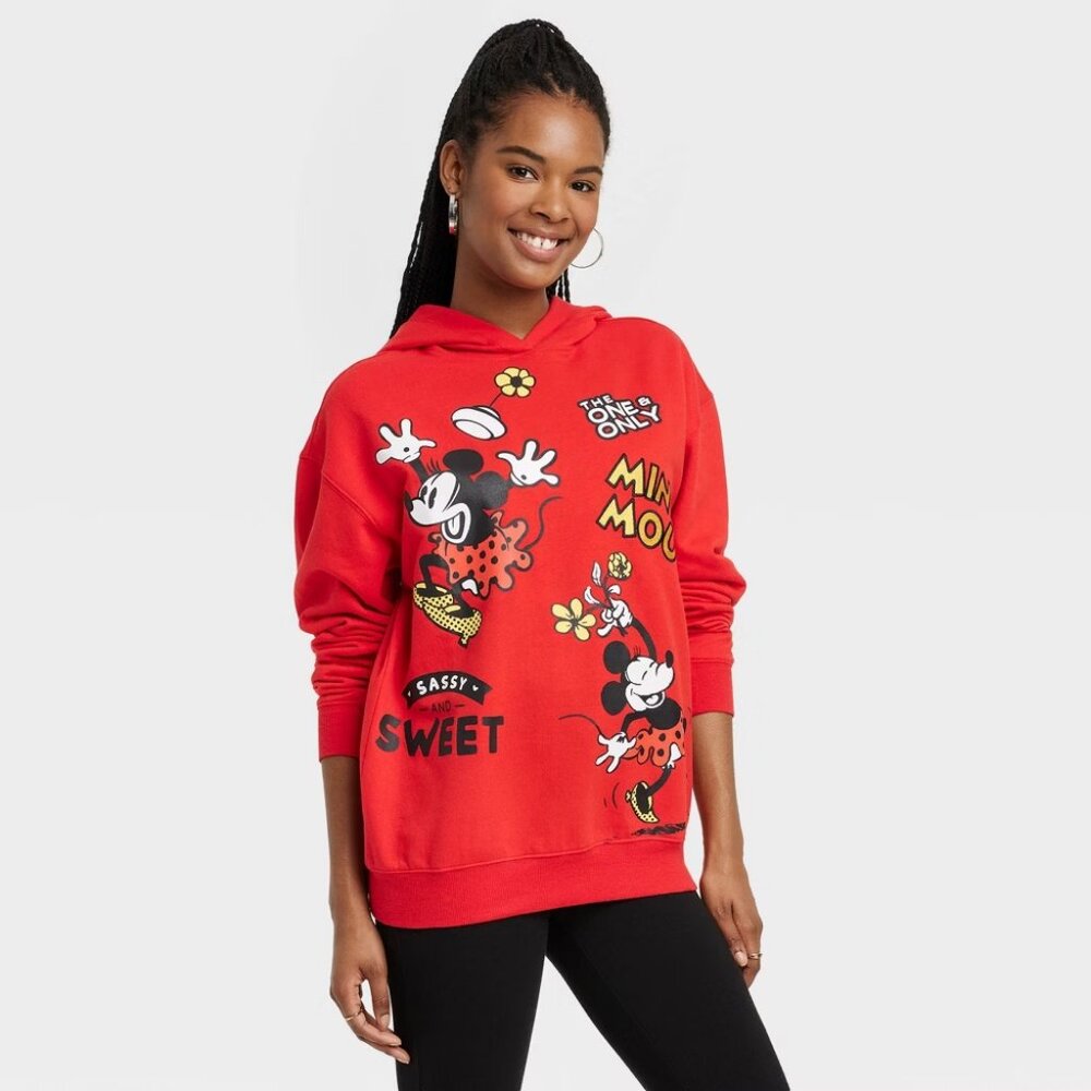 New! Women's Disney 100 Mickey Minnie Graphic Hoodie - Red M